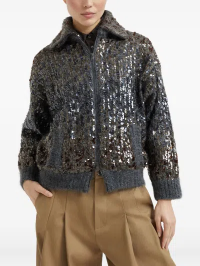Brunello Cucinelli Mohair-blend Sequin-embellished Cardigan In Gray
