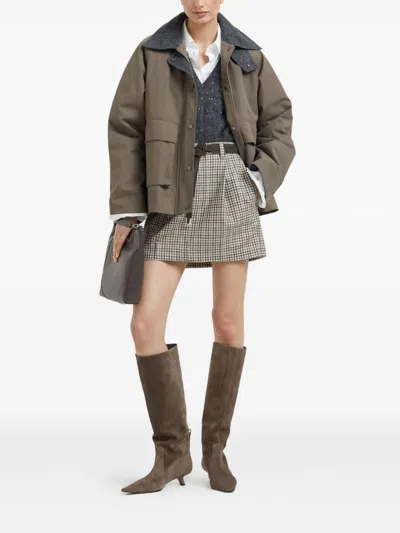 Brunello Cucinelli Textured Ribbed V-neck Sweater With Sparkling Details In Gray