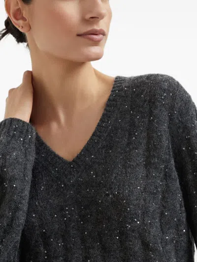 Brunello Cucinelli Textured Ribbed V-neck Sweater With Sparkling Details In Gray