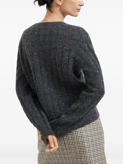 Brunello Cucinelli Textured Ribbed V-neck Sweater With Sparkling Details In Gray