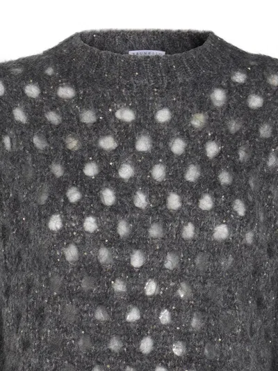 Brunello Cucinelli Open-knit Grey Sweater With Metallic Threads In Gray