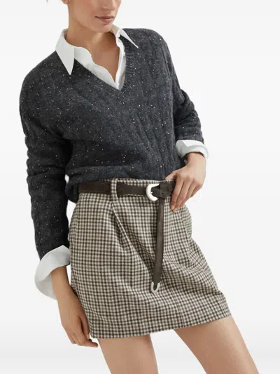 Brunello Cucinelli Textured Ribbed V-neck Sweater With Sparkling Details In Gray