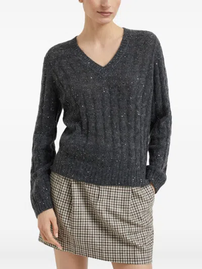 Brunello Cucinelli Textured Ribbed V-neck Sweater With Sparkling Details In Gray