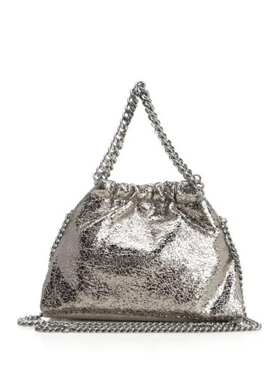 Stella Mccartney Falabella Mini Drawstring Bag Metallic Crackl Handbags Silver