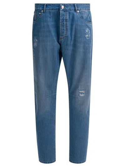 Brunello Cucinelli Belt Loops Distressed Trousers Faded Five-pocket Style In Blue