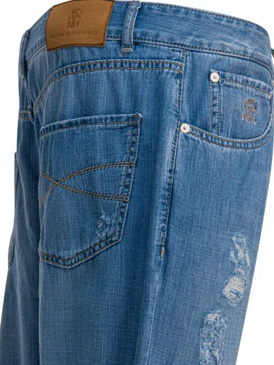 Brunello Cucinelli Belt Loops Distressed Trousers Faded Five-pocket Style In Blue