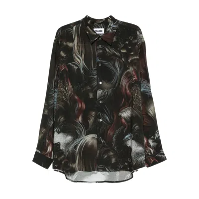 Magliano Wig Motif All-over Print Shirt With Asymmetric Hem In Black