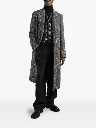 Dolce & Gabbana Herringbone Long Coat Flap Pockets In Gray