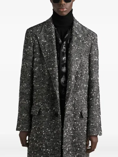 Dolce & Gabbana Herringbone Long Coat Flap Pockets In Gray