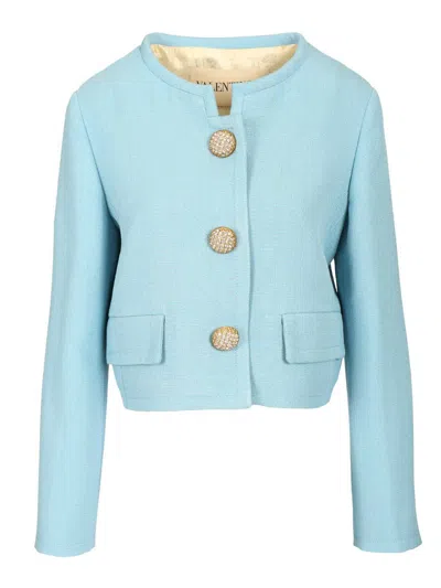 Valentino Womens Bluish Grey Embellished-button Round-neck Woven Jacket