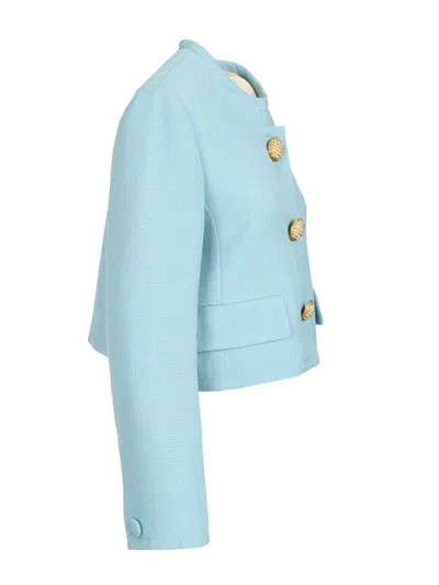 Valentino Womens Bluish Grey Embellished-button Round-neck Woven Jacket