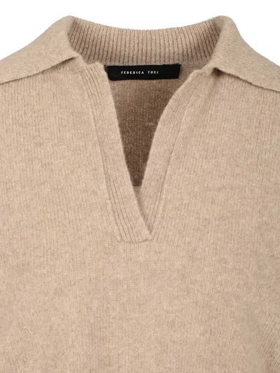 Federica Tosi Maglia Polo 70%lana/30%cashmere Maniche Balloon Knitwear Beige In Brown