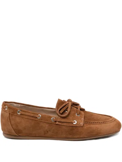 Stuart Weitzman Tinsley Suede Boat Loafers In Adobe
