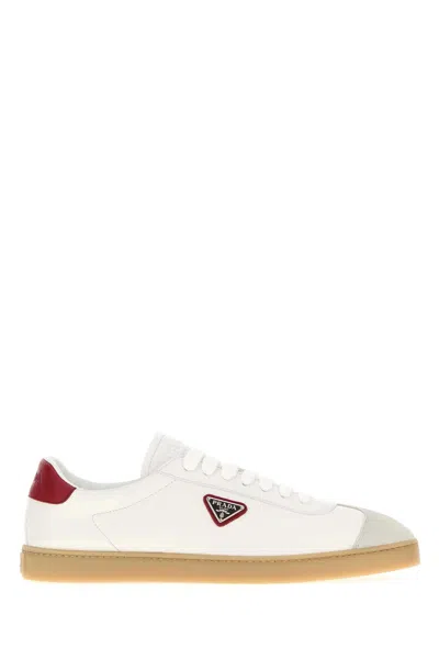 Prada Leather Sneakers With Contrast Heel Tab In White