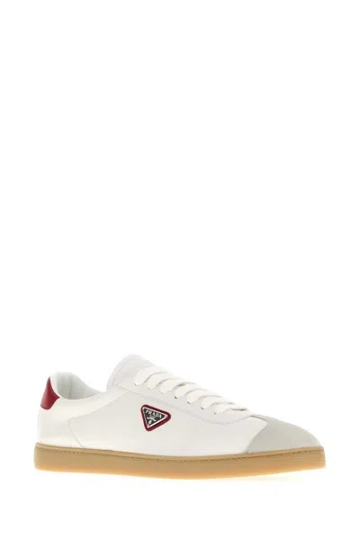 Prada Leather Sneakers With Contrast Heel Tab In White