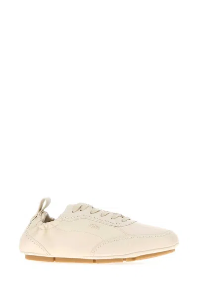 Fendi Low Profile Leather Sneakers With Round Toe In Neutral