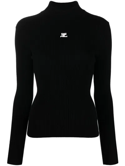 Courrèges Mockneck Rib Knit Sweater In Black