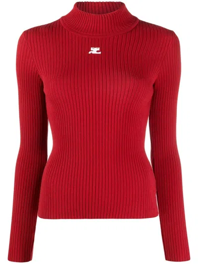 Courrèges Rib Knit Mock Neck Sweater In Red