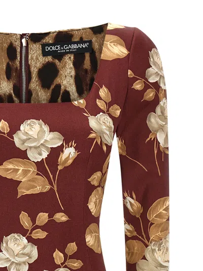 Dolce & Gabbana Dolce&gabbana Burgundy Satin Dress With Floral Print Women In Burgundy