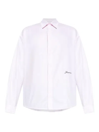 Jacquemus Men Shirt With Embroidered Logo And Herringbone Pattern In White