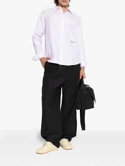 Jacquemus Men Shirt With Embroidered Logo And Herringbone Pattern In White