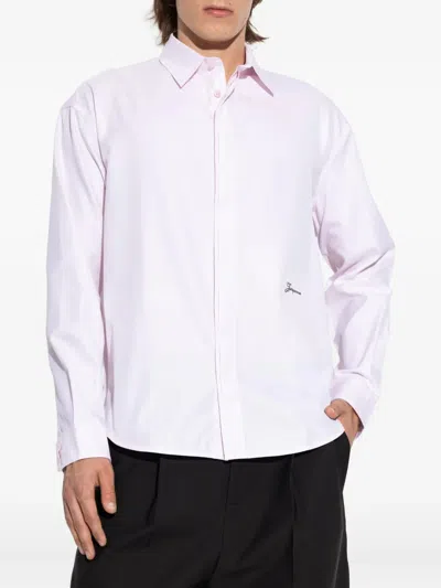 Jacquemus Men Shirt With Embroidered Logo And Herringbone Pattern In White