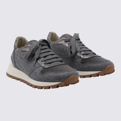 Brunello Cucinelli Runners In Techno Fabric And Calfskin With Precious Trim In Gray