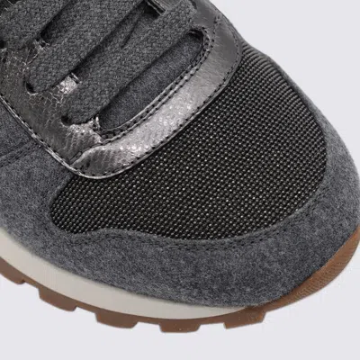 Brunello Cucinelli Runners In Techno Fabric And Calfskin With Precious Trim In Gray