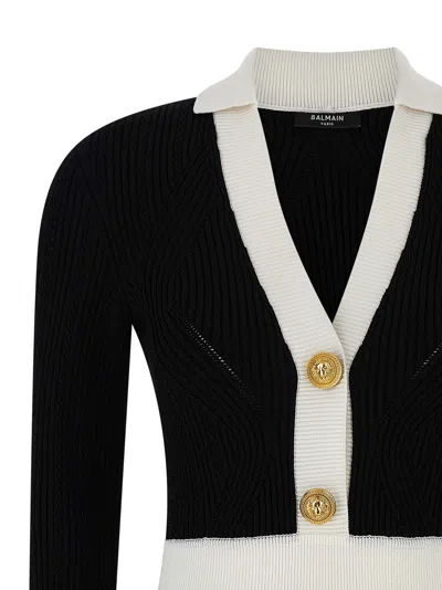 Balmain Long Sleeves V-neck Flare Knit Dress In Black