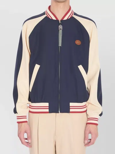 Valentino Wool And Cotton Bomber Jacket With Vlogo And Chat De La Maison Patch In Blue