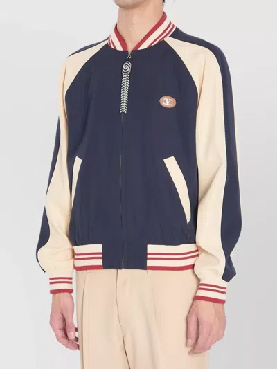 Valentino Wool And Cotton Bomber Jacket With Vlogo And Chat De La Maison Patch In Blue
