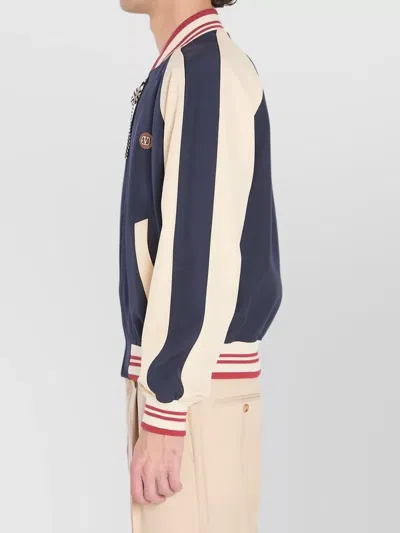 Valentino Wool And Cotton Bomber Jacket With Vlogo And Chat De La Maison Patch In Blue