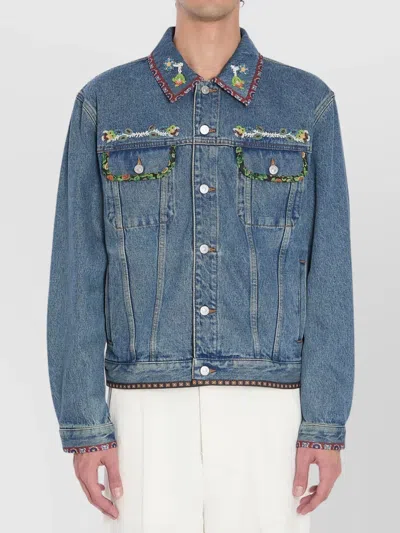 Valentino Denim Jacket With Multicolor Embroidery In Blue
