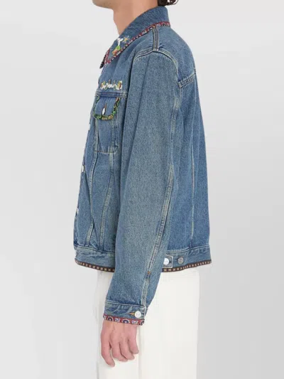 Valentino Denim Jacket With Multicolor Embroidery In Blue
