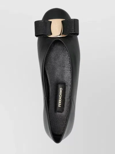 Ferragamo Leather Round Toe Ballerina Shoes With Bow Detail In Blue