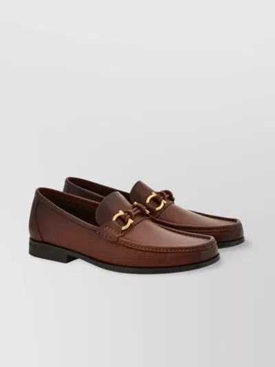 Ferragamo Alain Leather Loafers Gold-tone Hardware Round Toe In Brown