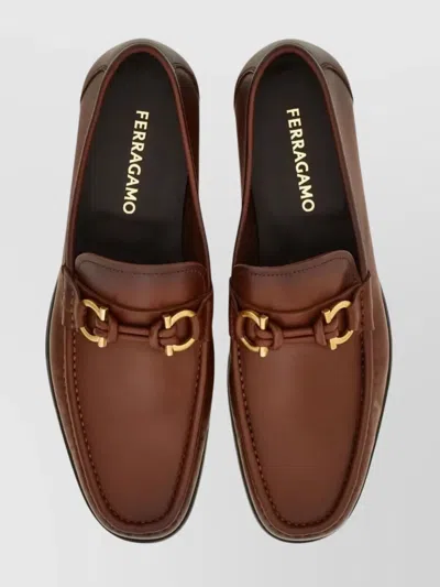 Ferragamo Alain Leather Loafers Gold-tone Hardware Round Toe In Brown