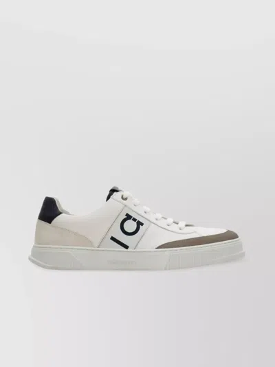 Ferragamo Alaska Leather And Suede Sneaker With Gancini Detail In White