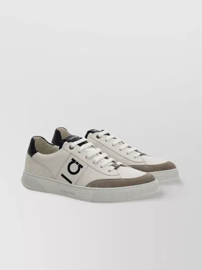 Ferragamo Alaska Leather And Suede Sneaker With Gancini Detail In White