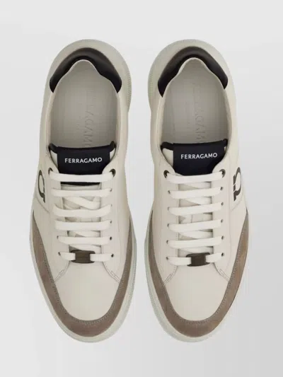 Ferragamo Alaska Leather And Suede Sneaker With Gancini Detail In White