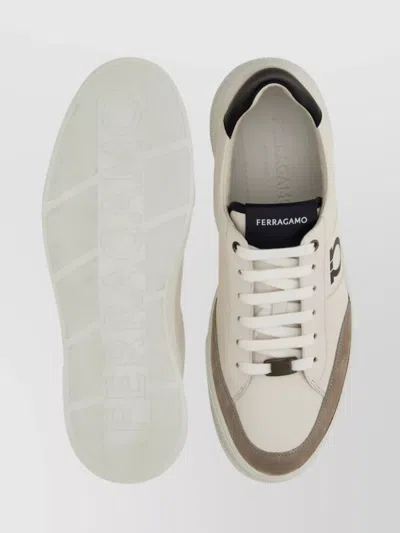 Ferragamo Alaska Leather And Suede Sneaker With Gancini Detail In White