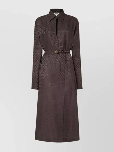 Fendi Ff Jacquard Silk Midi Shirt Dress In Brown