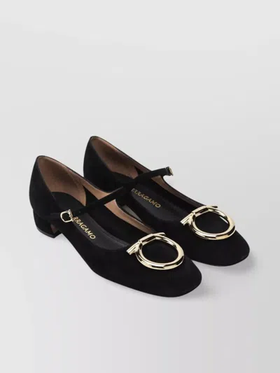 Ferragamo Suede Gancini Heeled Ballerina With Gold Hardware In Black