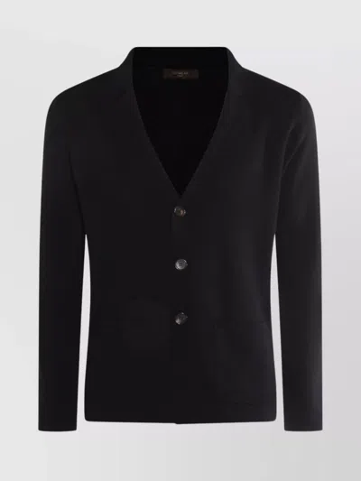 Zanone Crewneck Sweater With Front Pockets And Notched Lapel In Black