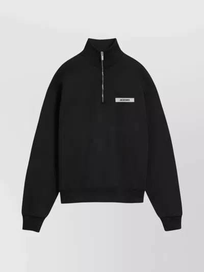 Jacquemus High Neck Zip Sweatshirt With Logo Detail And Gathered Cuffs In Black
