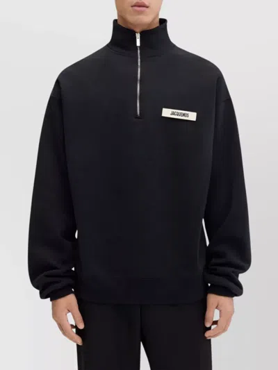 Jacquemus High Neck Zip Sweatshirt With Logo Detail And Gathered Cuffs In Black
