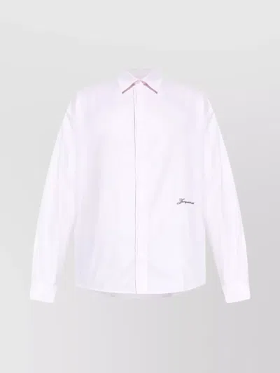 Jacquemus Men Shirt With Embroidered Logo And Herringbone Pattern In Pink