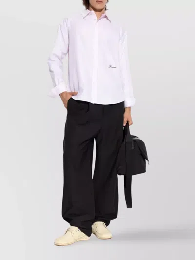 Jacquemus Men Shirt With Embroidered Logo And Herringbone Pattern In Pink