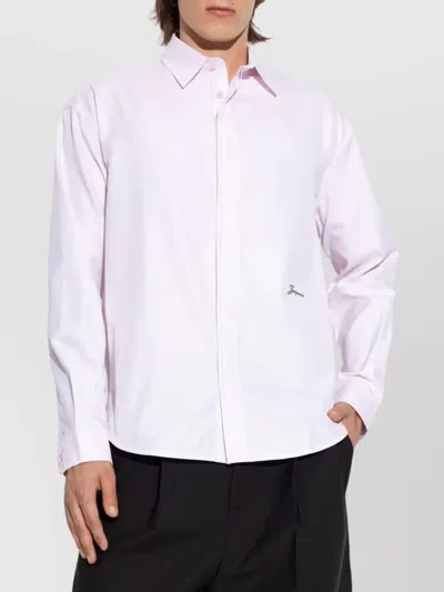 Jacquemus Men Shirt With Embroidered Logo And Herringbone Pattern In Pink