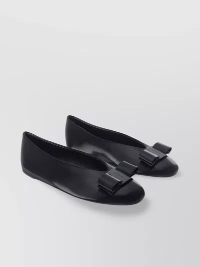 Ferragamo Leather Round Toe Ballerina Shoes With Bow Detail In Blue